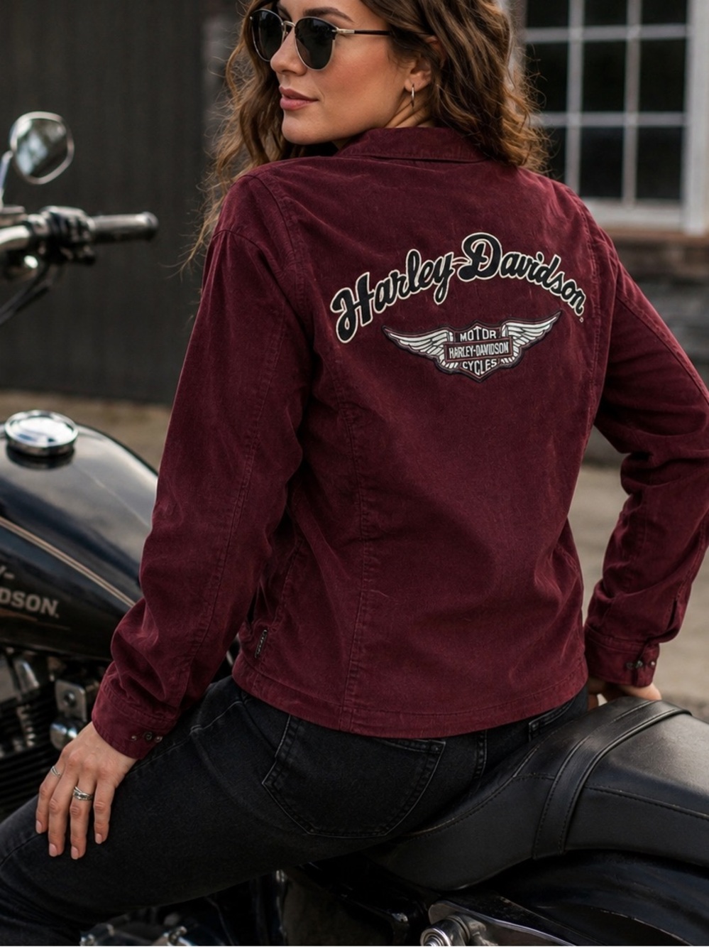 Harley Davidson Women's Sz Large Wine Burgundy Reversible Corduroy Biker Jacket